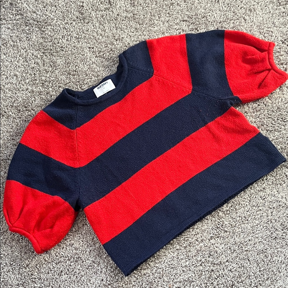 Old Navy So Soft Cropped Navy Blue and Red Striped Bubble Sleeve Shirt